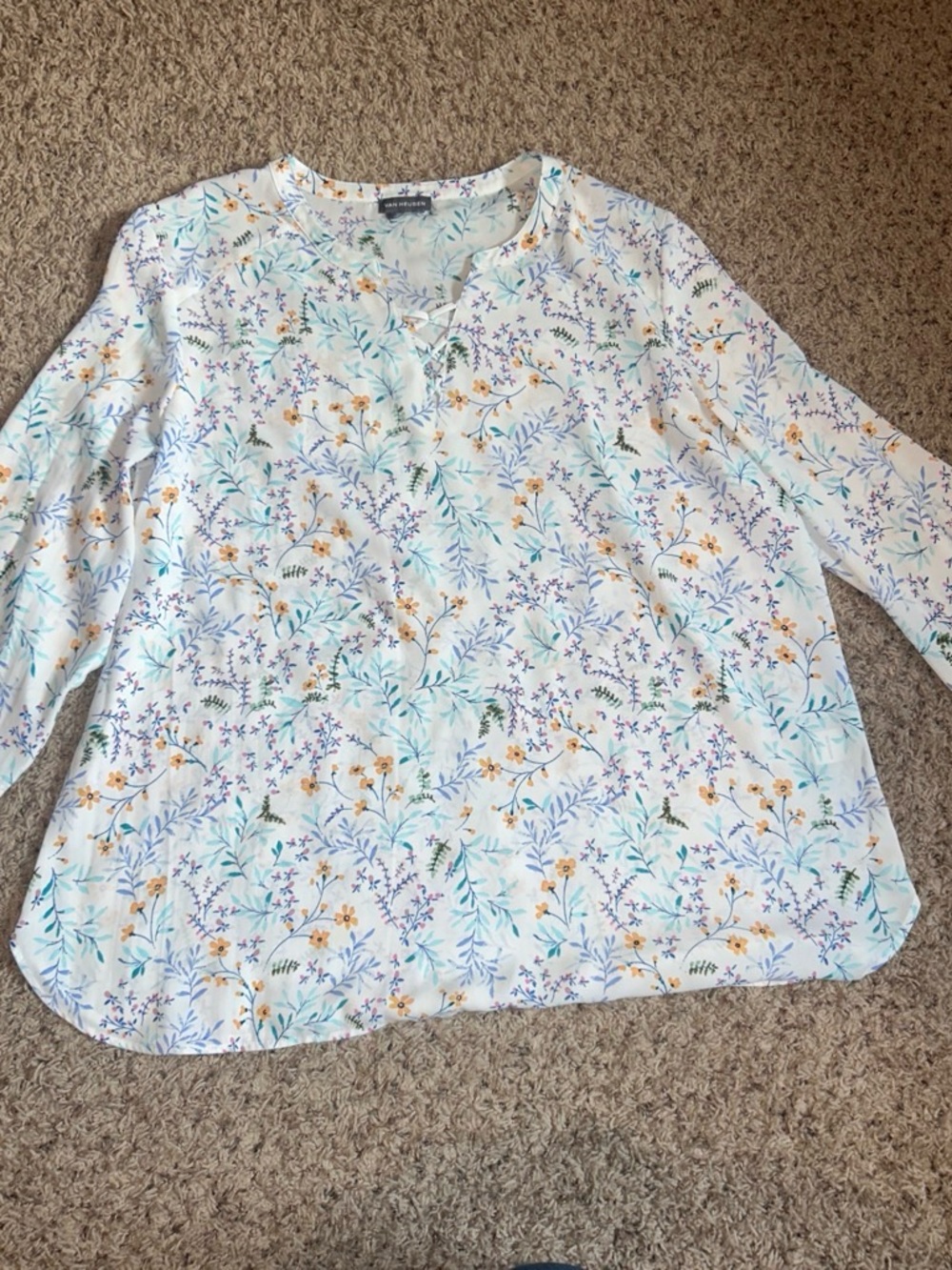 Van Heusen White Floral Split-Neck Blouse
